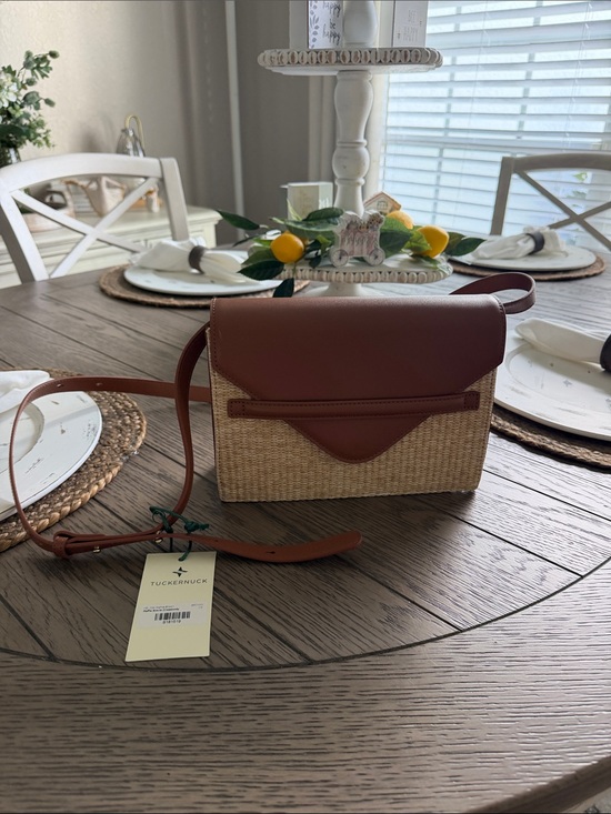 Tuckernuck Handbags - Tuckernuck Tan Woven Crossbody with Brown Leather Flap